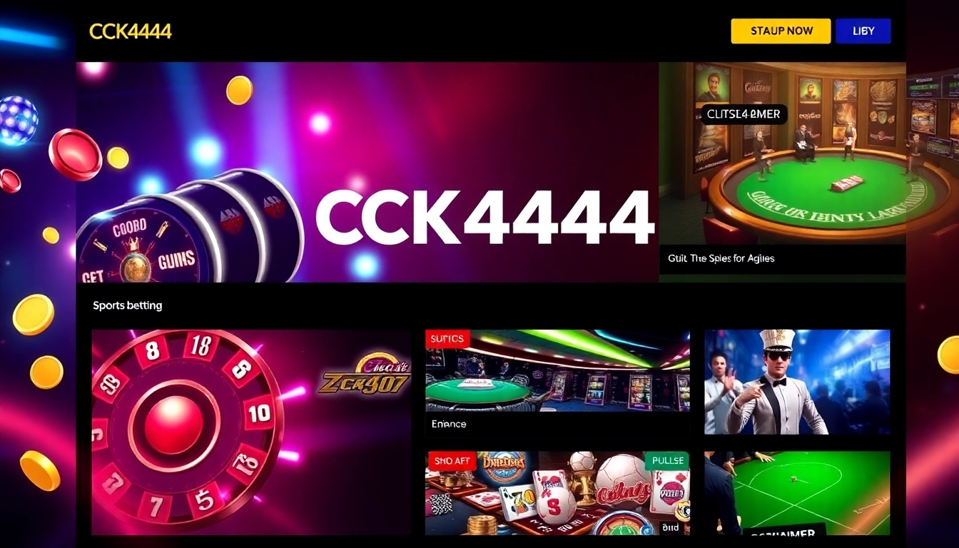 CK4444 branding displayed on a sleek online gaming platform with slots, live dealer, and sports betting elements for engaging user experience.