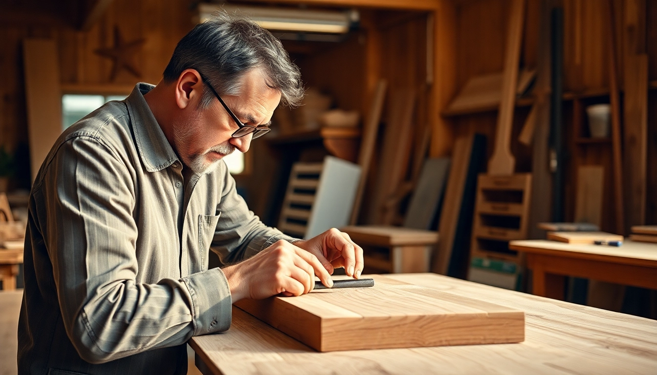 Carpenter building custom wooden furniture with precision in a professional workshop setting.