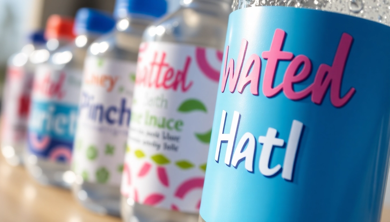 Customized water bottle labels showcasing vibrant colors, waterproof features, and diverse designs for branding and events.