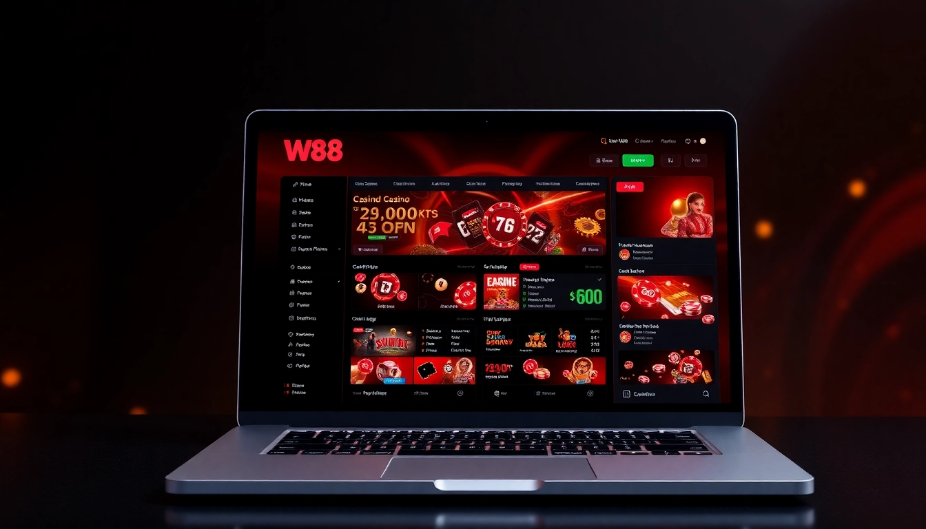 W88 online casino interface with live betting, colorful chips, and digital gameplay, engaging users visually.