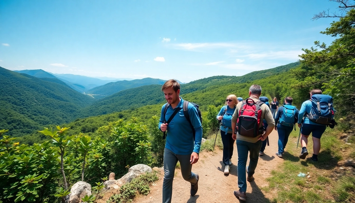 Guided hike retreat through lush mountain trails with expert guides leading eager hikers in Indonesia's scenic wilderness.