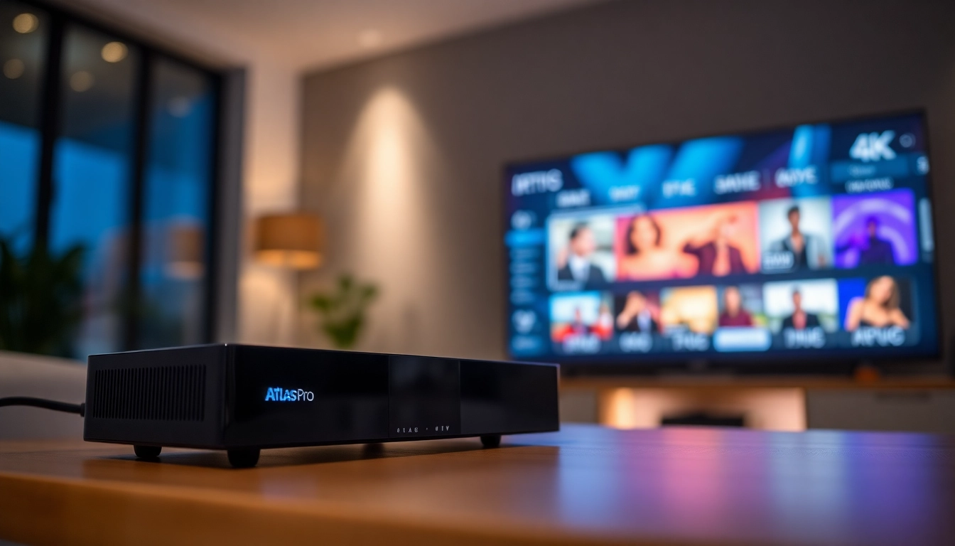 Premier Atlas Pro IPTV streaming device highlighting high-quality 4K channels in a modern home setup for seamless entertainment access.