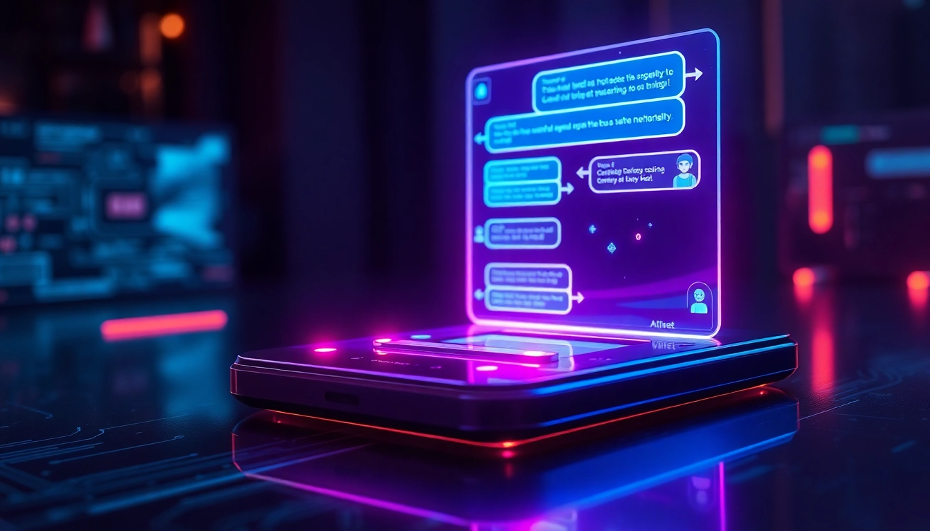 Futuristic AI chatbot interface with neon colors and holographic display in a dark tech environment.