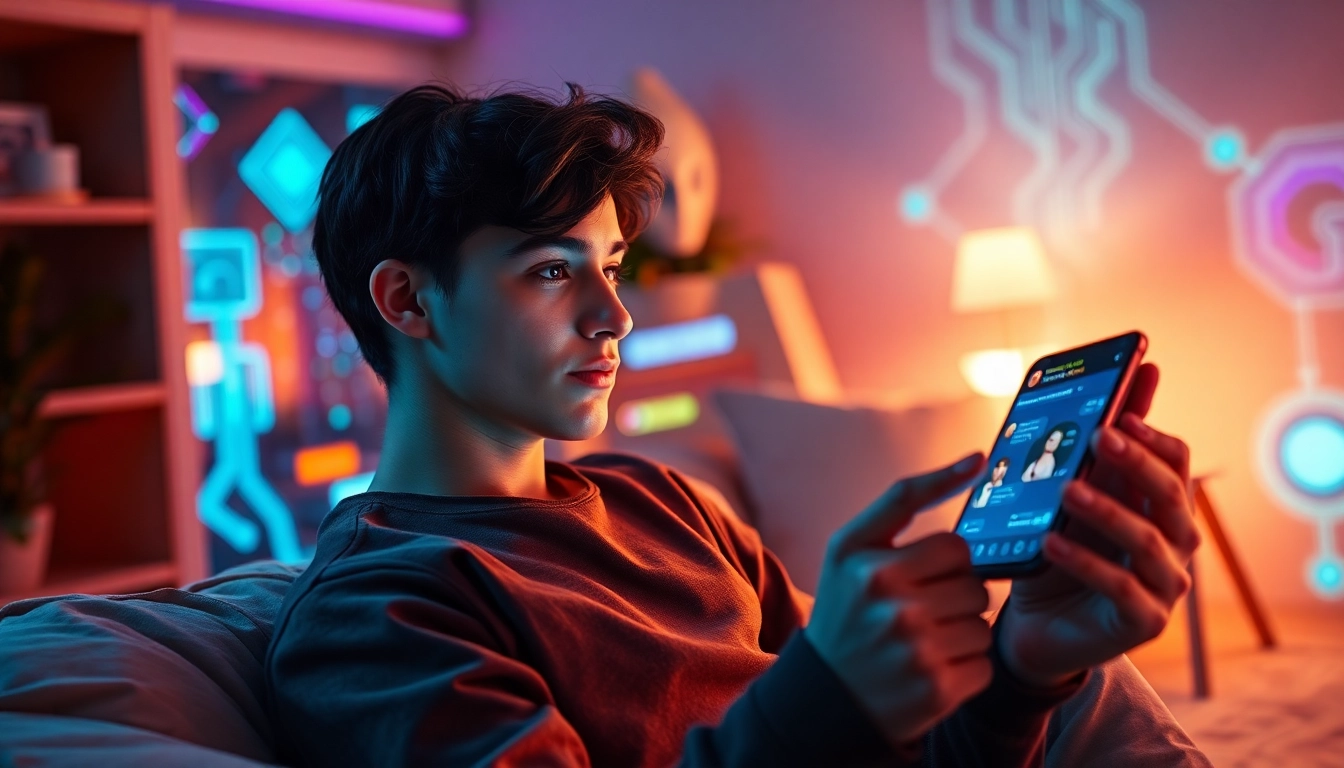 Person interacting with a customizable AI chatbot on a sleek device in a cozy, tech-inspired setting.