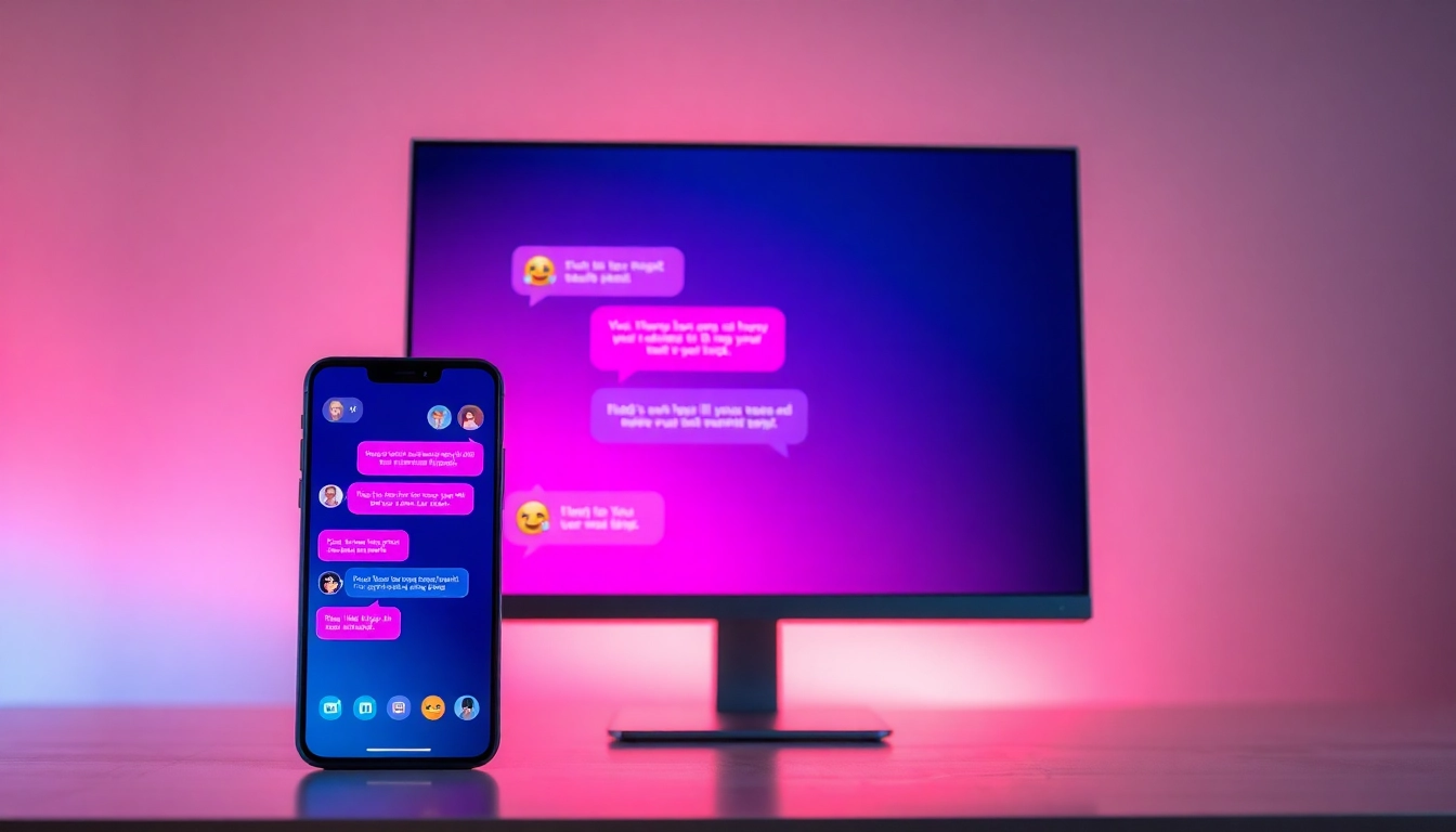 Modern digital chat interface on smartphone and desktop with colorful conversation bubbles and glowing accents, representing spicy AI sexting interactions.