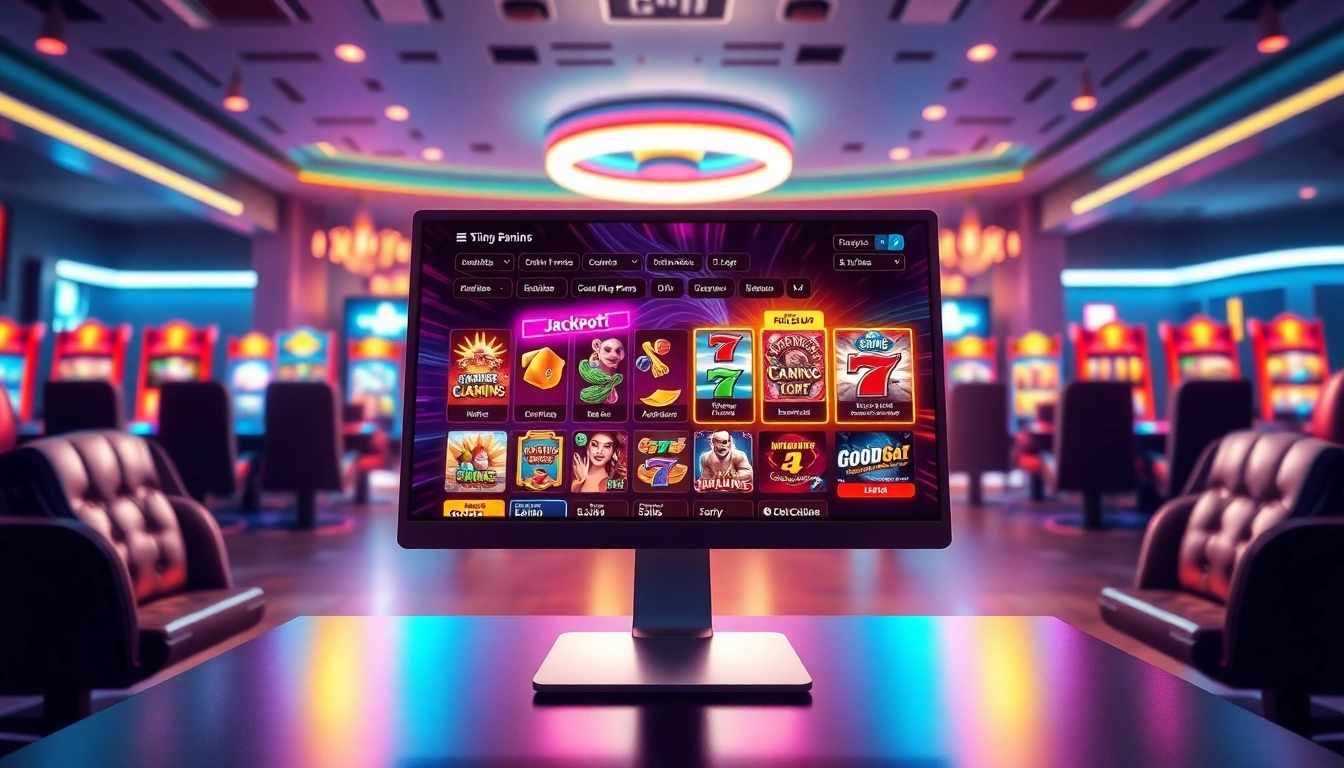 An illustration of a vibrant online gaming platform interface with colorful game graphics and promotional banners.
