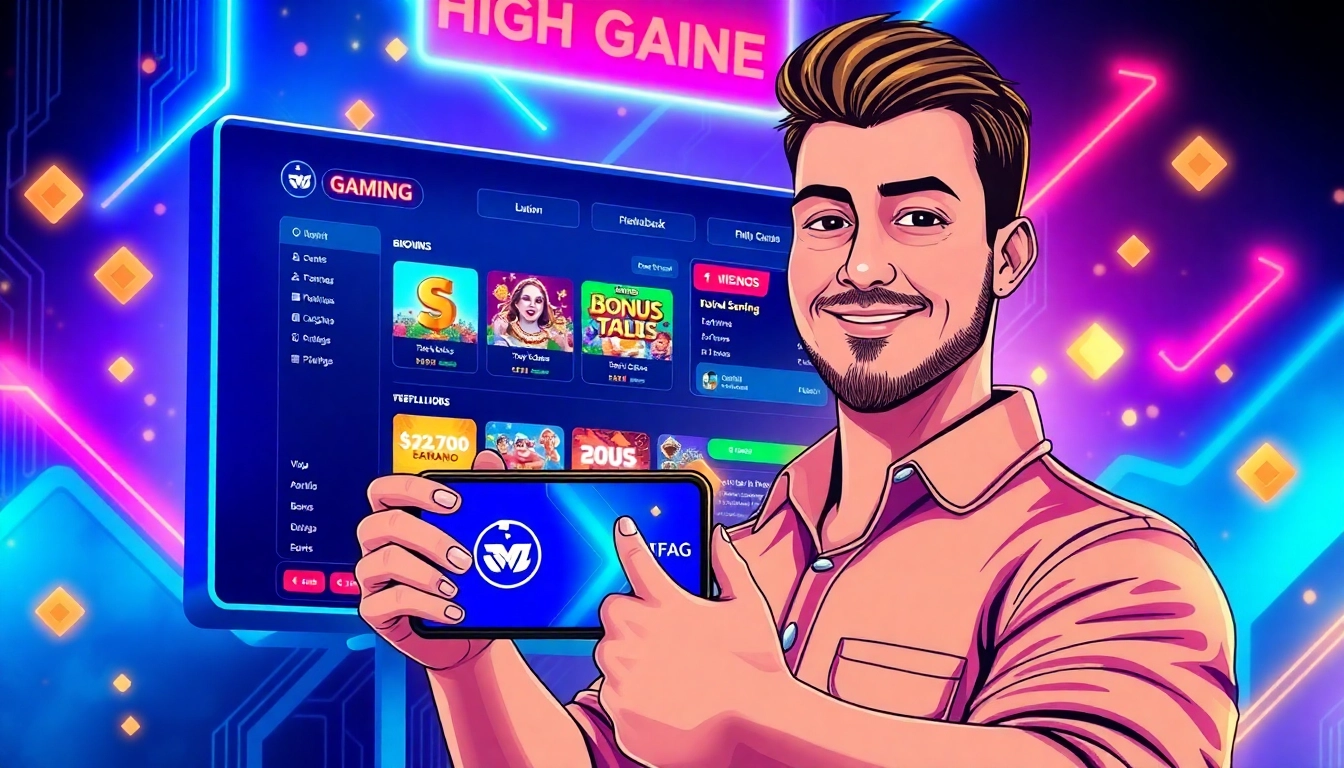 A high-tech gaming interface with vibrant colors and a gamer holding a smartphone displaying the platform logo.