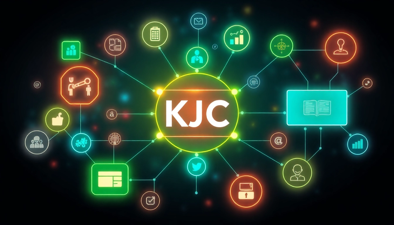 KJC building a digital entertainment ecosystem, vibrant interface with interconnected tech visuals showcasing innovation and trust.