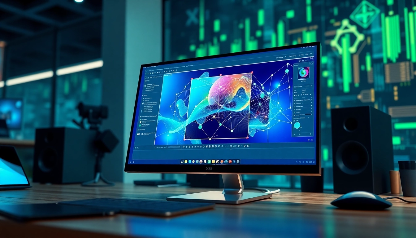 A modern workspace with a computer screen displaying Nano Banana AI's advanced image editing interface, highlighting its intelligent features and sleek design.