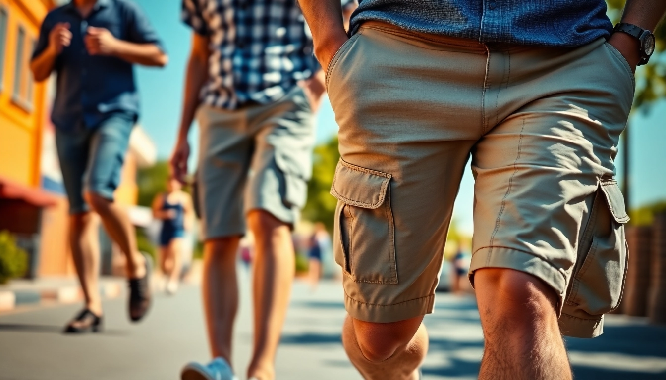 Showcase of men's cargo shorts with utility pockets and relaxed fit, perfect for outdoor adventures.