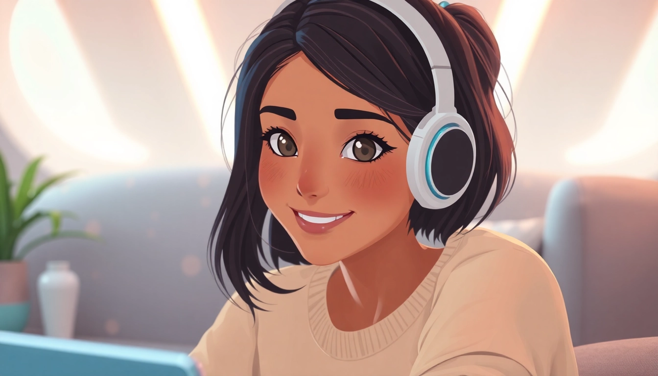 An engaging AI girlfriend enjoying a warm conversation on a modern digital device, showcasing personalized interaction and intimacy.
