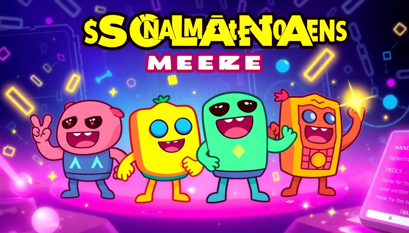 Vivid scene of Solana Meme Tokens as animated meme characters with blockchain motifs, bright