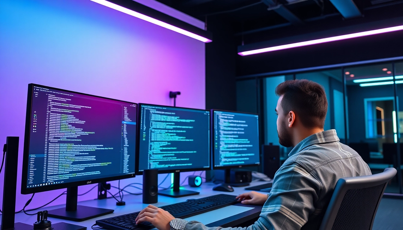 Professional developer working on Node.js project in a modern tech workspace, highlighting