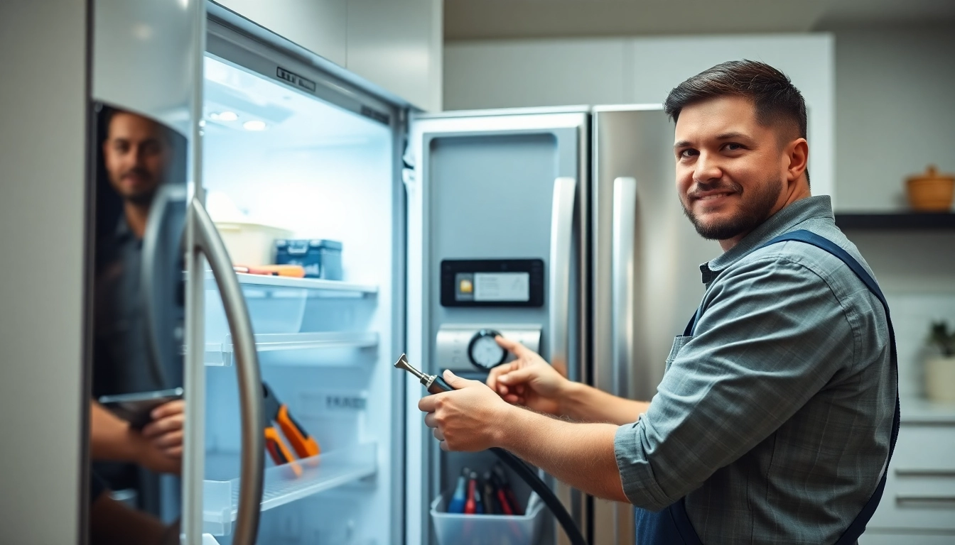 Reputable appliance repair Hamilton technician fixing refrigerator in a modern kitchen to