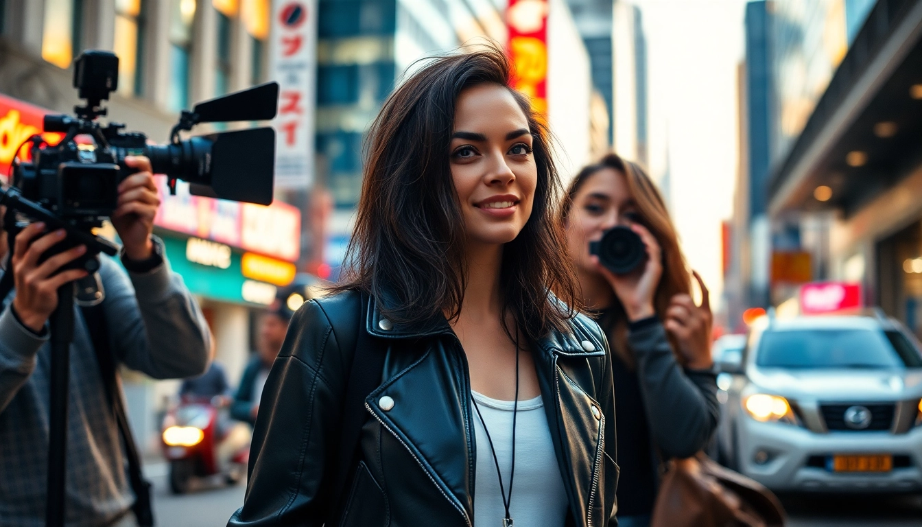 Action shot featuring a confident woman in streetwear with a background of city lights,
