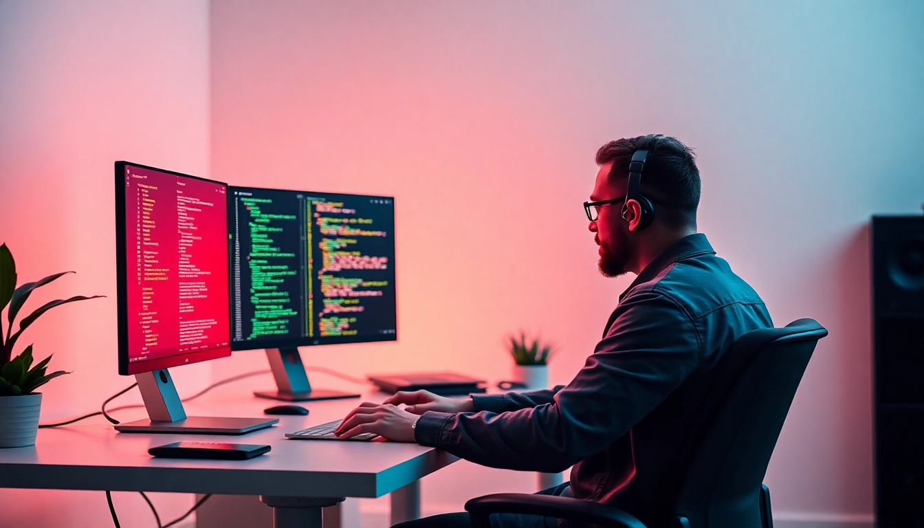 Freelance developer coding in Node.js on a laptop in a professional workspace to showcase