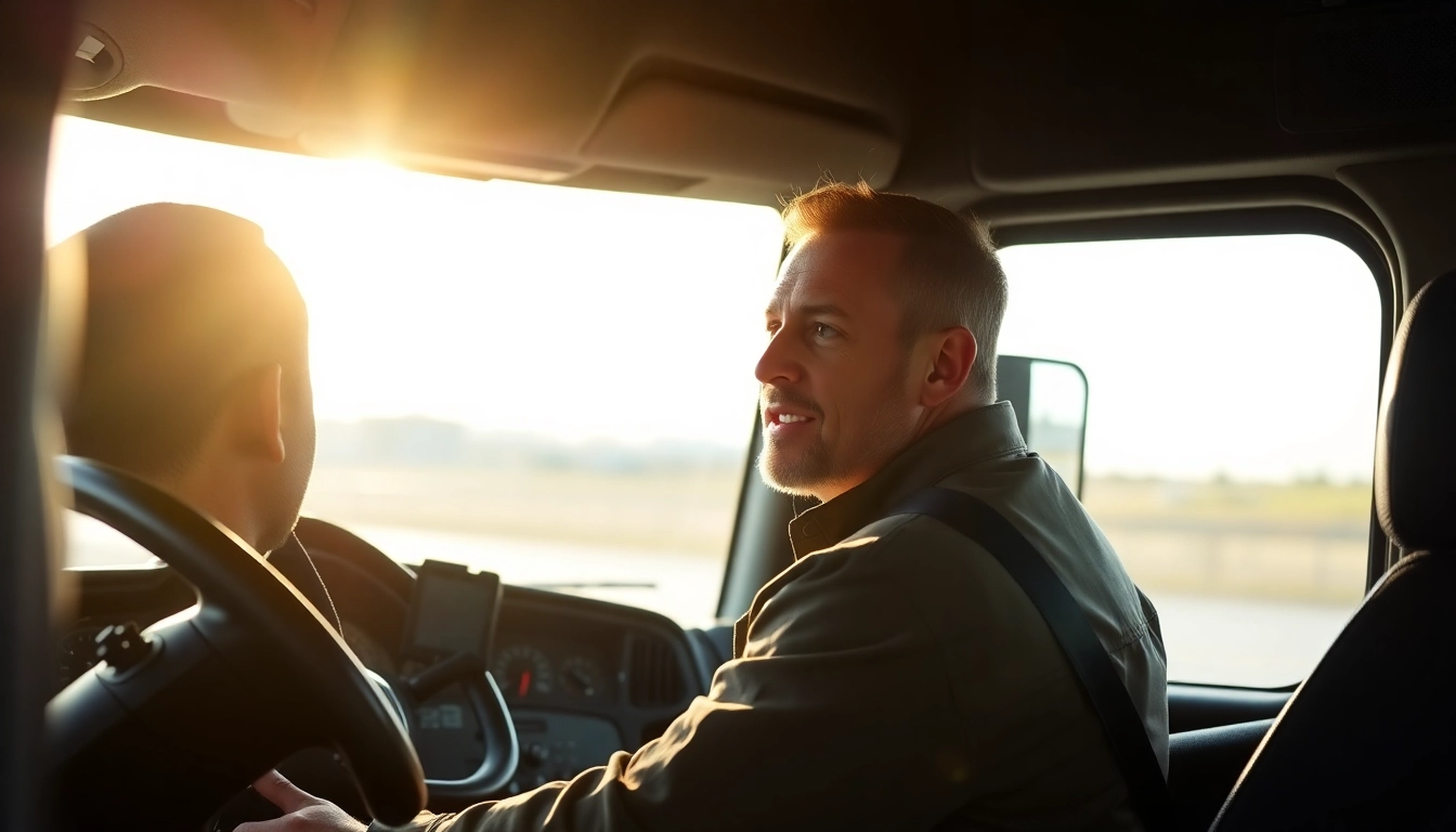 Truck driver analyzing trucker reviews and vehicle features inside a well-lit cab for