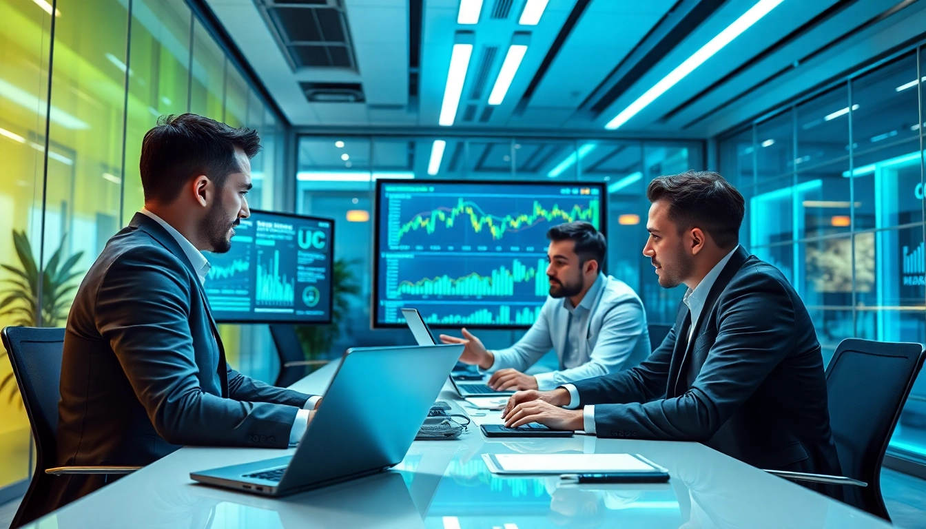 Professionals reviewing tech investment insights on digital screens to inform strategic