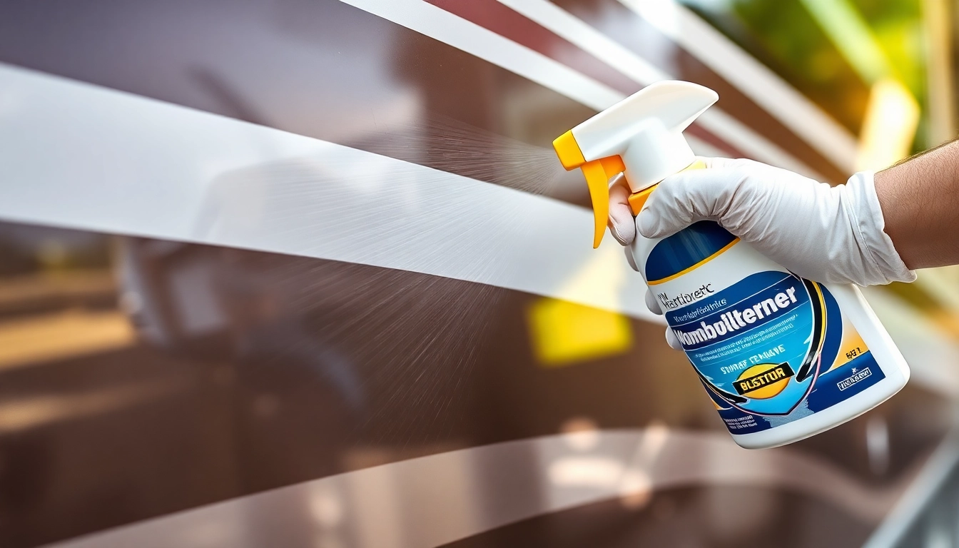 Effective Wohnmobilreiniger spray being used to clean and shine a camper van exterior,