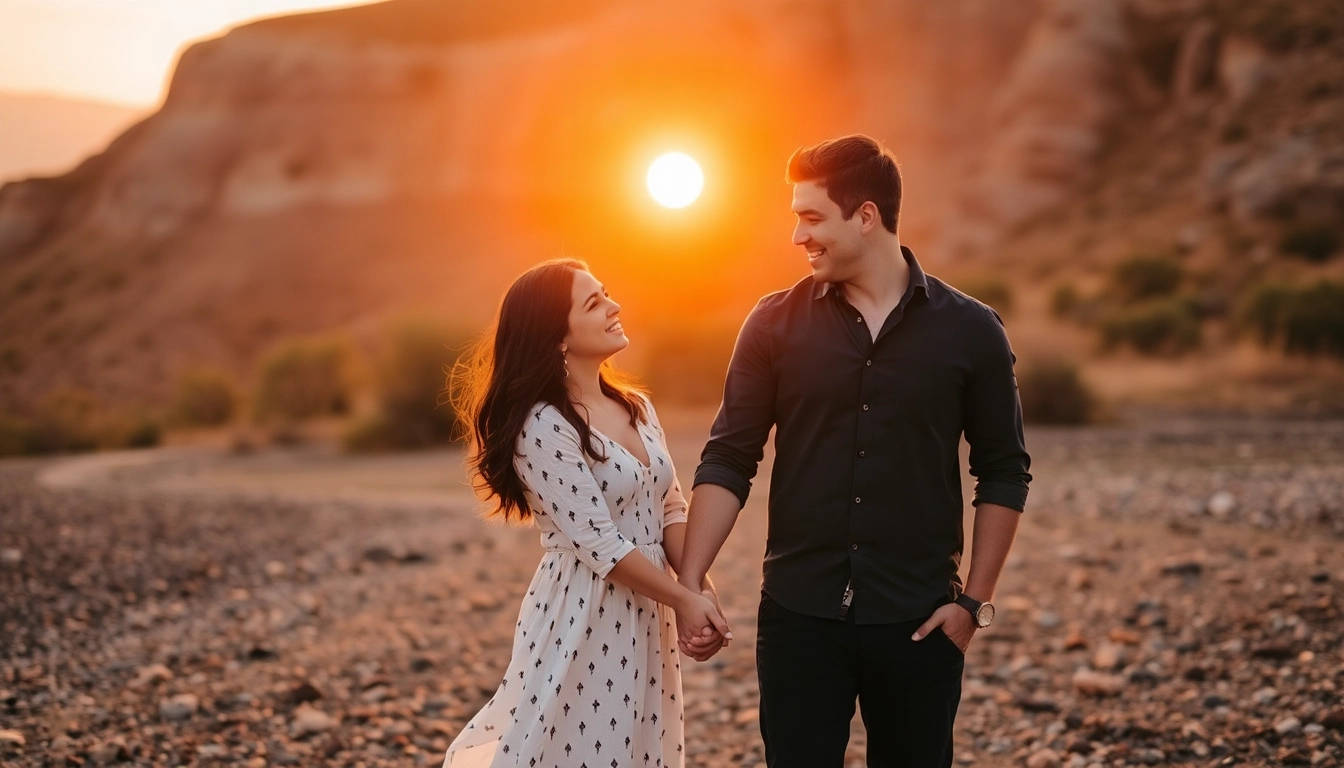 Engaging eskuvoi fotozas capturing a couple's natural moment during a sunset outdoor shoot,